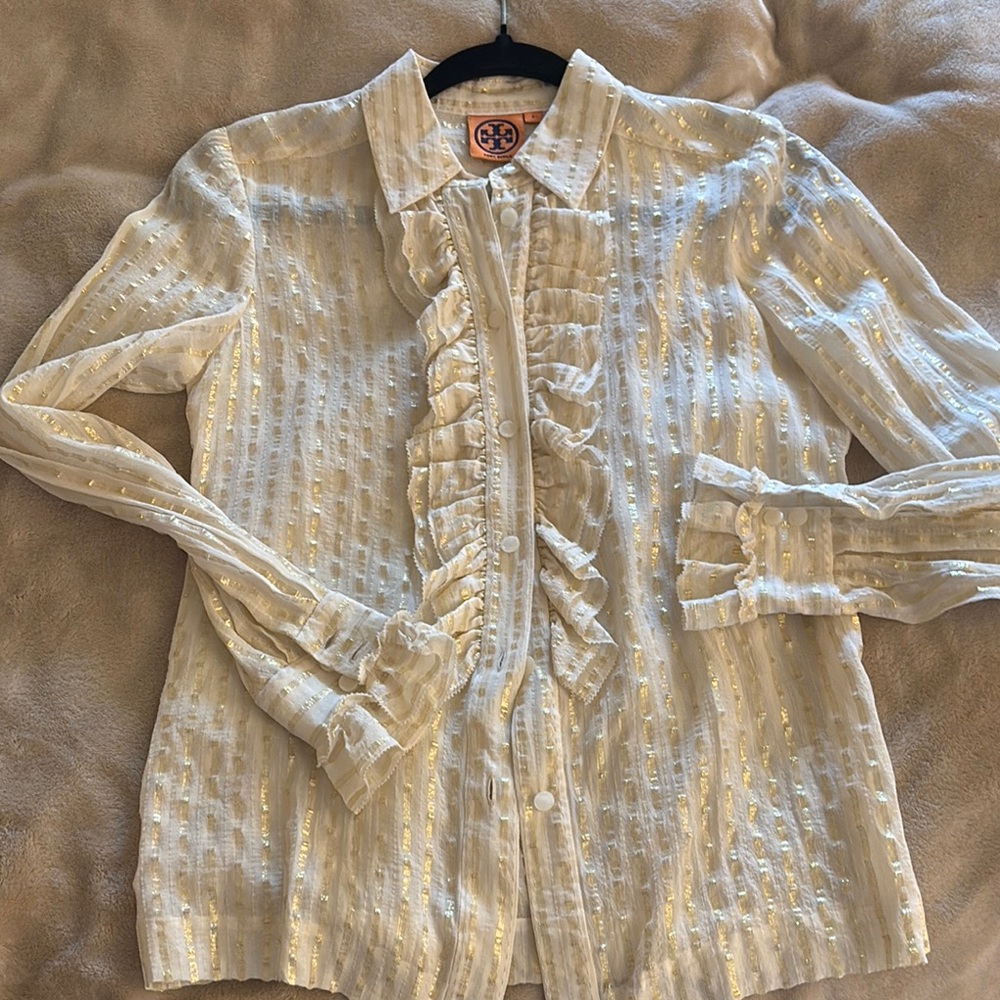 Tory Burch Cream and Gold Striped Blouse